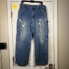 Vintage Carhartt Mens Thashed Jeans 34x29 Blue Paint Splatter Grunge