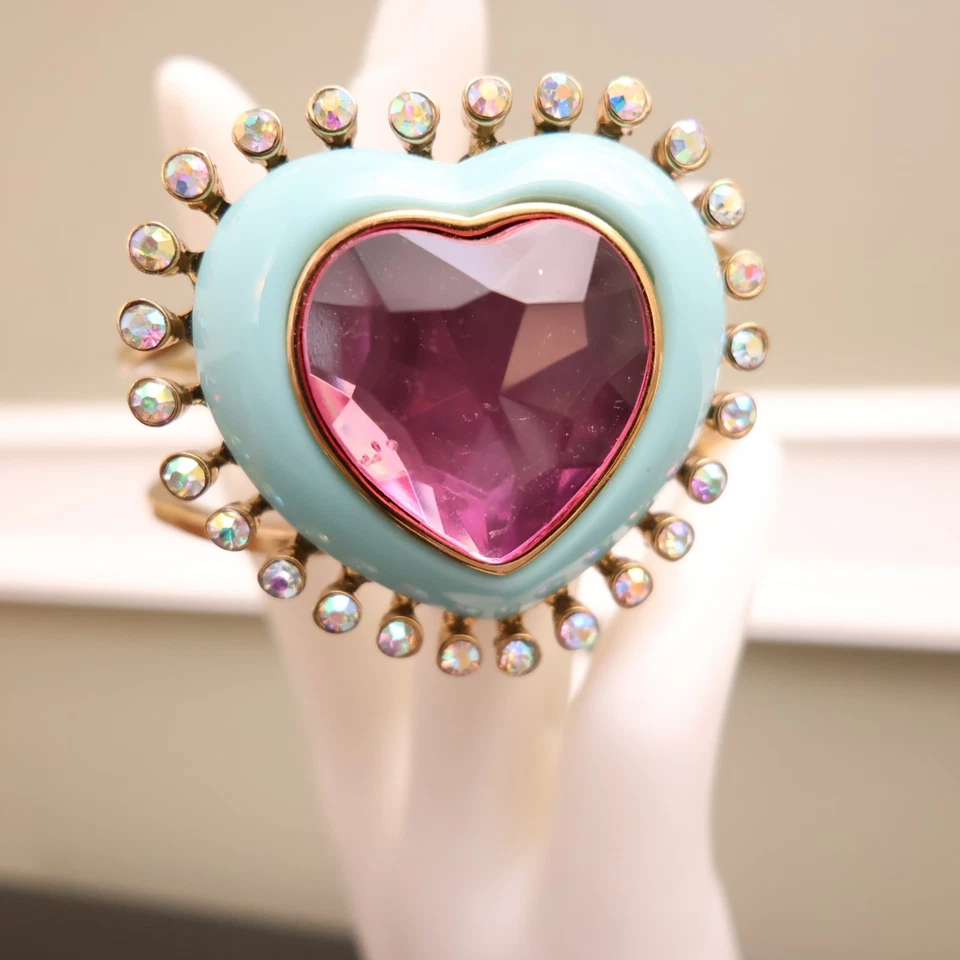 Betsey Johnson bracelet Candyland heart pink crystal aqua enamel signed goldtone - Image 2 of 4
