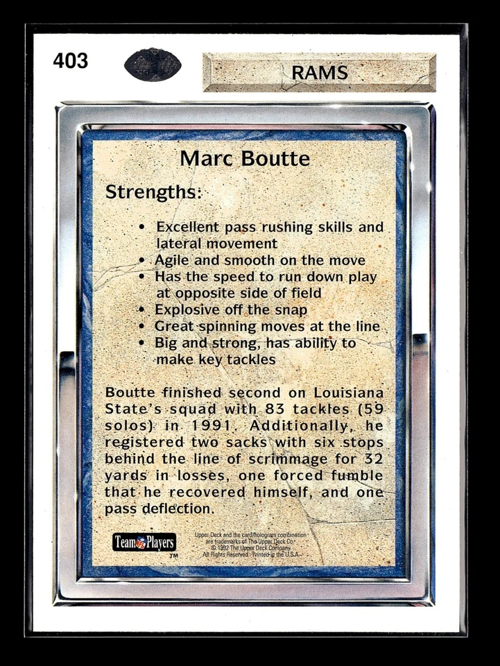 1992 Upper Deck Marc Boutte #403 - Image 2 of 2