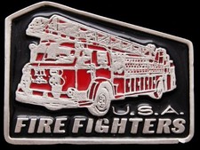 JA15148 VINTAGE 1970s U.S.A. FIRE FIGHTERS FIRETRUCK PEWTER BELT BUCKLE