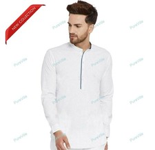 Mens Kurta Traditional Shirts Top Shirt Solid Mens Wear Cotton White Kurta