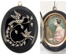 ANTIQUE VICTORIAN,JET GLASS,HANDPAINTED MINIATURE,HAIR, MOURNING LOCKET PENDANT