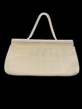Vtg. Whiting and Davis Alumesh Metal Bead Enamel White Purse Handbag