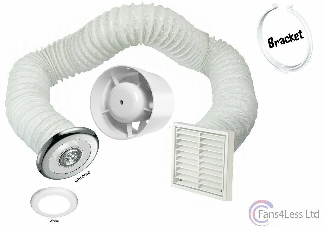 4 100mm Inline Extractor Fan Timer LED Light Chrome White Kit Bathroom  Shower | eBay