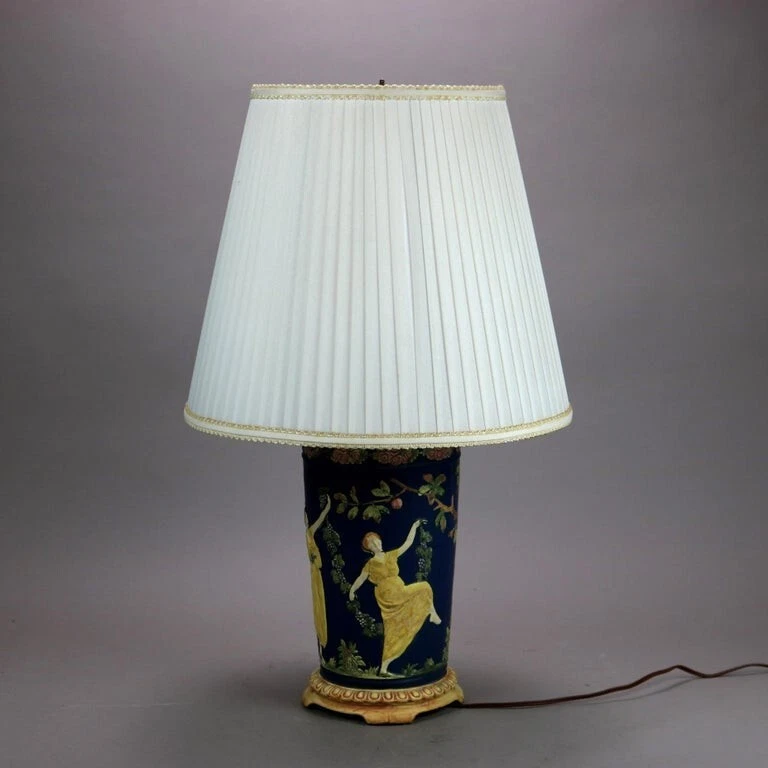 Antigua base de lámpara de cerámica arte camafeo griego clásico Attr. Weller, c1930 Foto 2 de 4