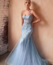 Blue Appliques Lace-Up Wedding Dresses Mermaid Spaghetti Strap Customized