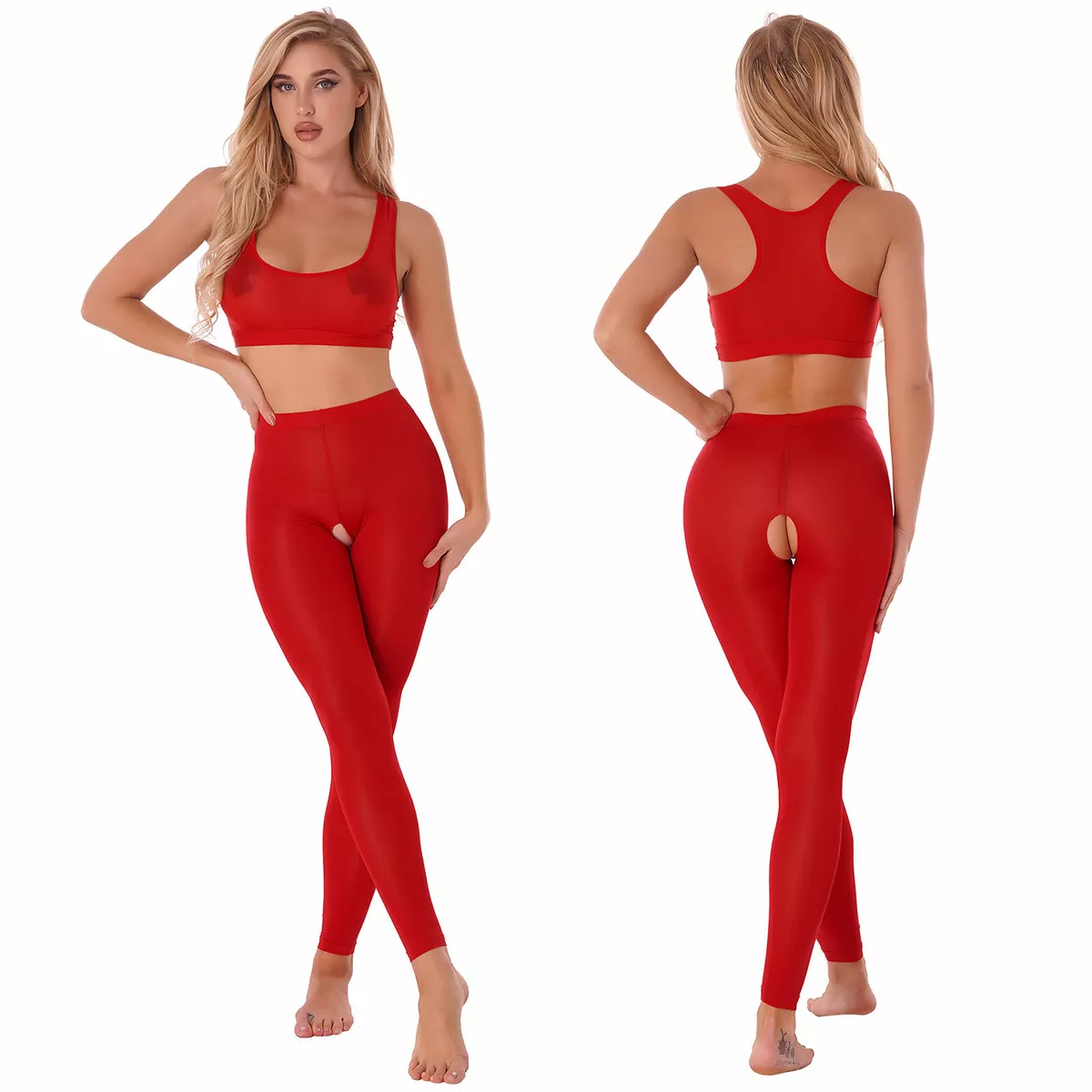 Sexy Women's See-through Crop Tops High Waist Leggings Crotchles