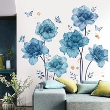 Large Blue Flowers Wall Stickers Peony Floral Plants Butterfly Peel and Stick
