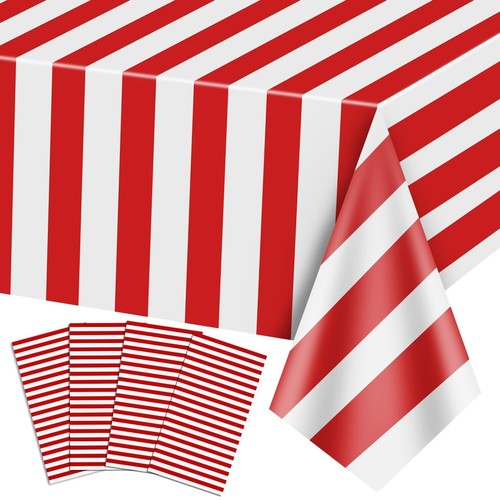 PIXHOTUL Carnival Table Cloths Red and White Stripe Tablecloths Red Plastic T...