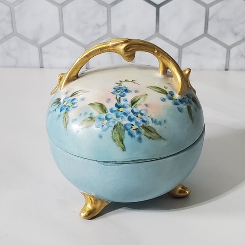 Vintage Hand Painted Floral Footed Round Trinket Dish With Lid Signed - Picture 3 of 13