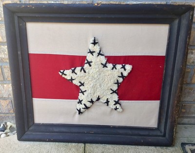 Red Star Quilt Folk Art Framed Flag Texas Lone Star Hooked Rug