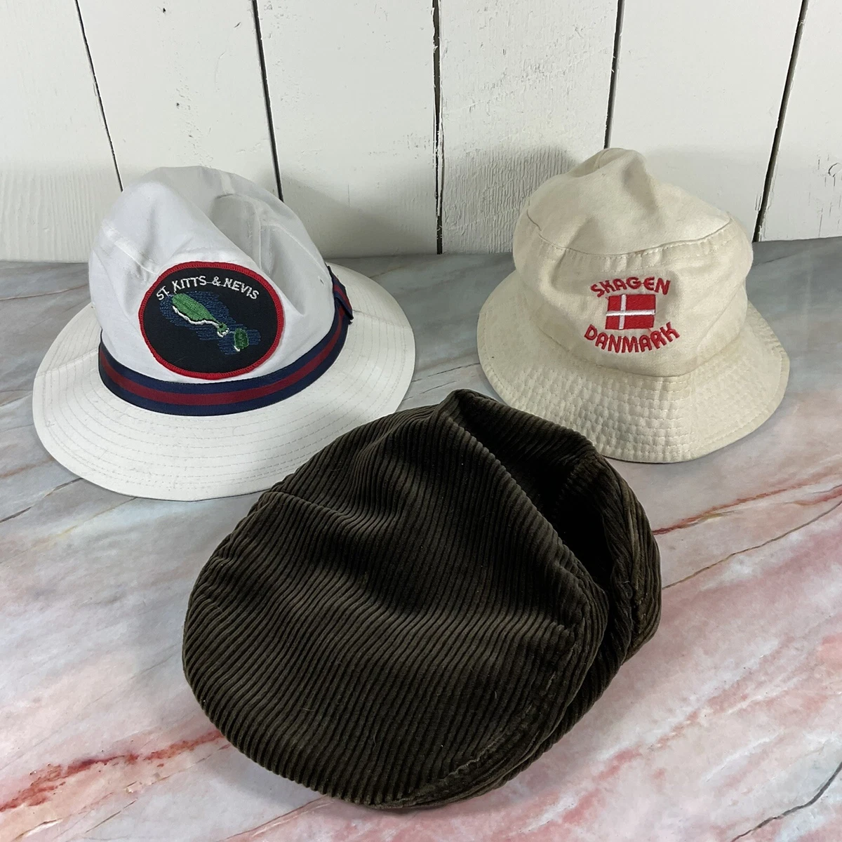 Lot Of 3 Vintage Hats Flat Cap Bucket Hat Fishing St. Kitts Danmark