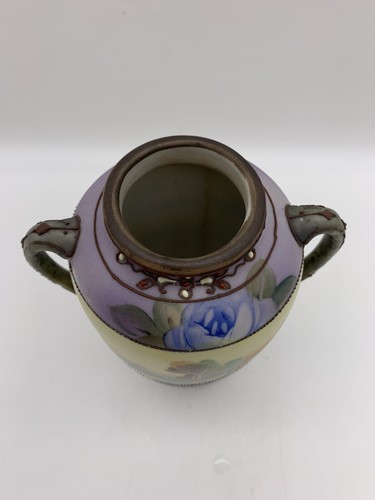 Vintage Nippon Hand Painted Double Handle Vase Beaded Accent Landscape Flowers - Picture 5 of 6
