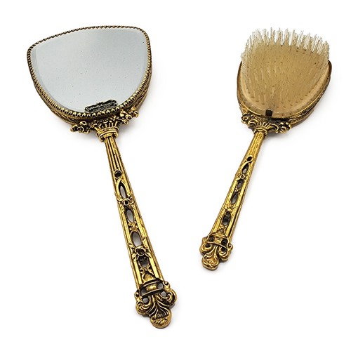 Vtg Stylebuilt Accessories 24K Gold Plated Vanity Set Hand Mirror Matching Brush