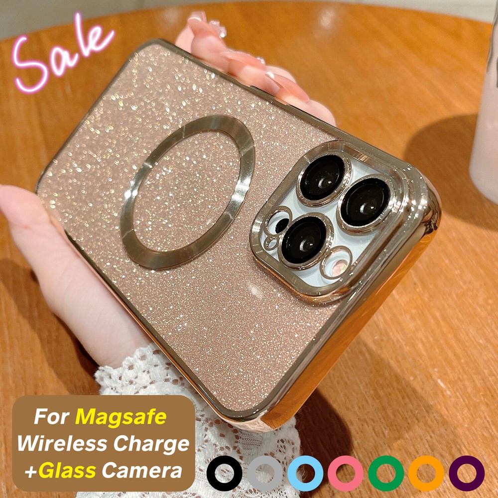 For iPhone 15 14 Pro Max 13 12 11 Bling Glitter Mag Safe Case+Camera Lens Cover