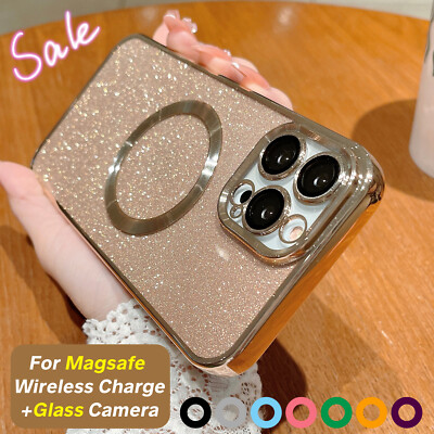 For iPhone 15 14 Pro Max 13 12 11 Bling Glitter Mag Safe Case+Camera Lens Cover