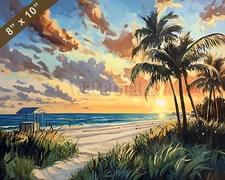Miami Beach with sunrise oil painting 8x10 Print