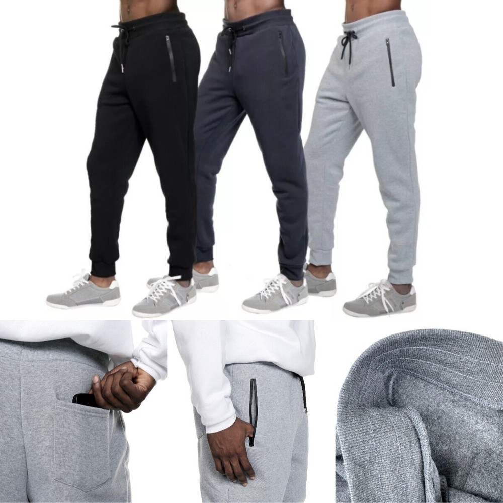 3 PACK Men's Fleece Lined Slim Fit Casual Tech Jogger Sweatpants Zipper Pockets