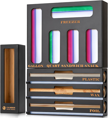 Storage Bag Organizer, Foil and Plastic Wrap Organizer with Cutter