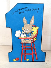 Vtg UNUSED Birthday 1 One Year Old Bunny Rabbit High Chair Greeting Card (7690)