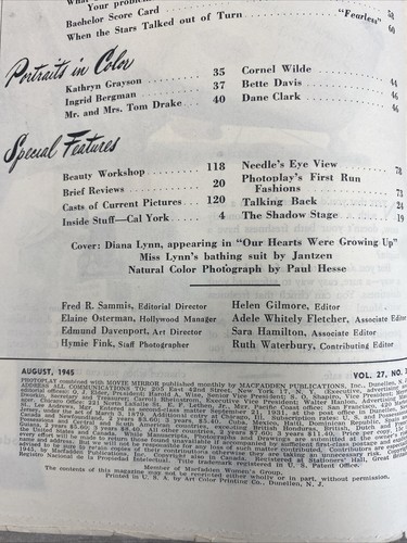 2 Photoplay 1945 Magazines July & Aug Volume 27 #2 & 3 Anne Baxter, Diana Lynn - Picture 14 of 15