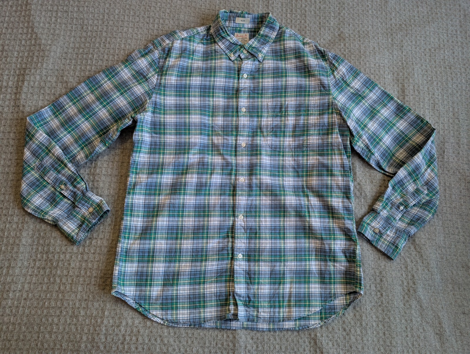 J Crew Shirt Men Large Blue Green Plaid Broken In Oxford Button Down Slim Fit