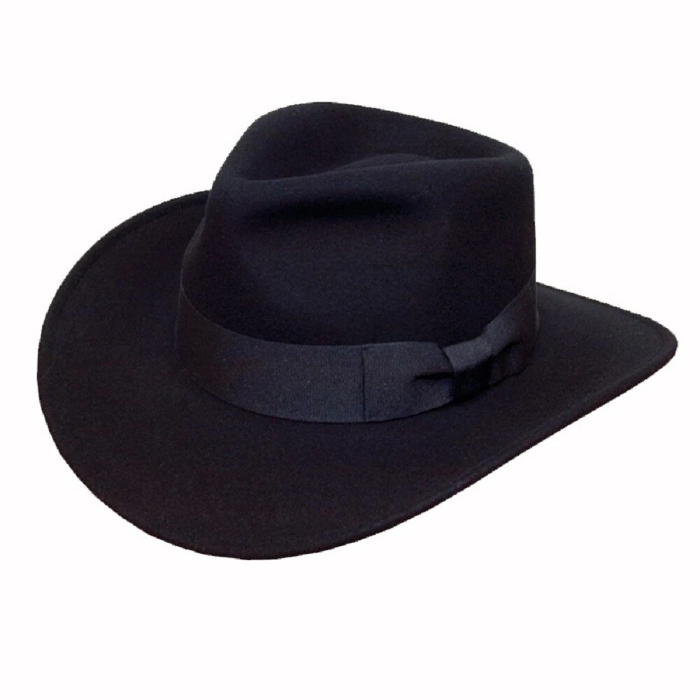 Black Fedora Hat Wool Felt Trilby With Ribbon Band Wide Brim Classic Sun Hat