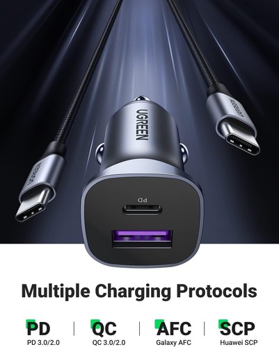 UGREEN Car Charger, PD 30W & QC 30W 2-Port Fast Charging W/ USB C to USB C Cable - Picture 2 of 9