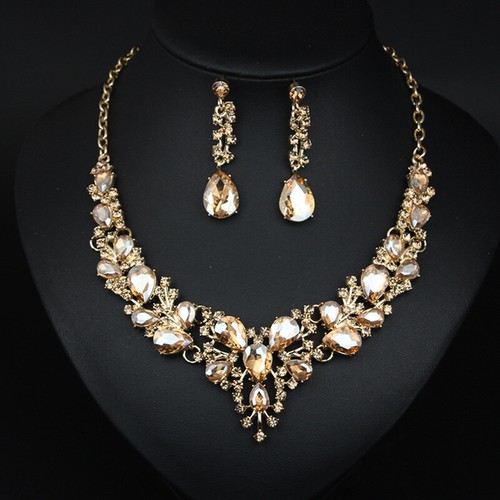 Crystal Flower Pendant Necklace Earrings Women Bridal Wedding Jewelry Set Choker - Picture 11 of 18