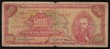 Brazil 1963 5000 (5,000) Cruzeiros Tear 4mm on Center VG