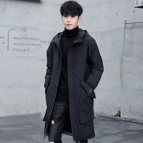 Men Trench Coat Spring/Autumn Loose Mid-Long Casual Hooded Jacket Windbreaker - Picture 9 of 9