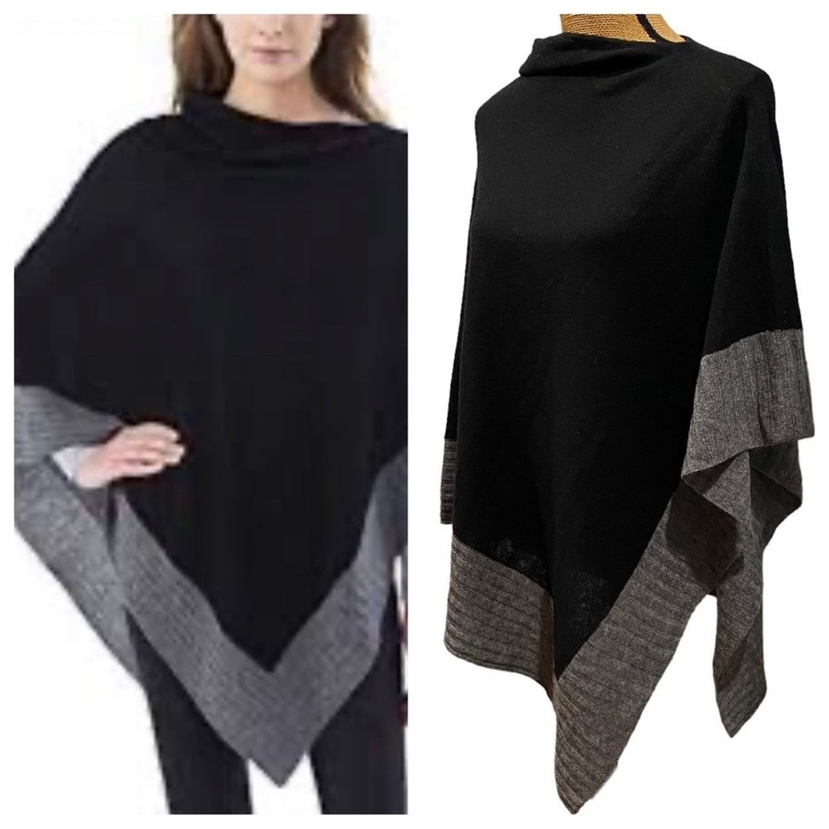 CELESTE Women's Wool/Cashmere Black/Grey Color-block Poncho Sweater Size O/S