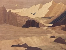 Beautiful Wood Marquetry Landscape Inlay, Nelson, Rare Vintage Folk Art Gifts