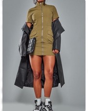 PLT Sz S Parachute Cargo Zip Thru Shirt camo green mini dress w/pockets&zipper