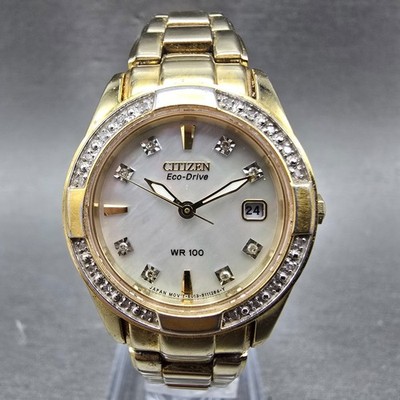 Citizen Eco-Drive Watch Women 26mm MOP Dial Gold Tone Date E013-S076404 Runs