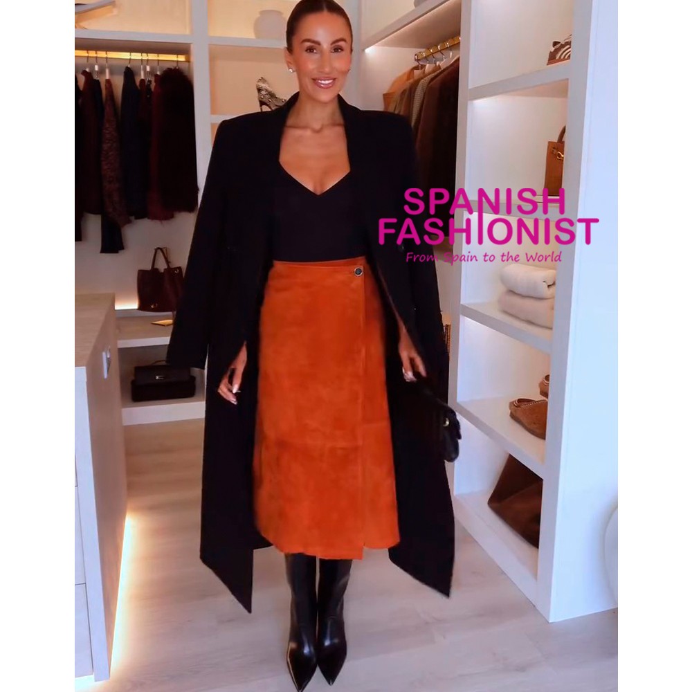 ZARA SS26 ORANGE 100% SUEDE LEATHER WRAP MIDI SKIRT ALL SIZES 3046