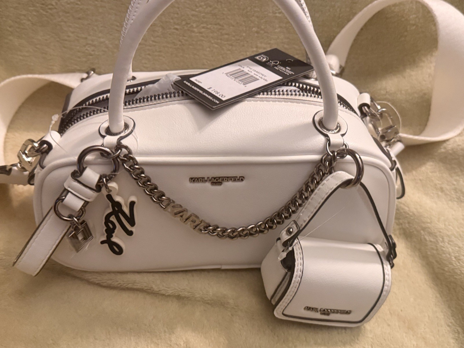 Karl Lagerfeld White Small Camera Bag Crossbody Zip, Chain Strap, Charm