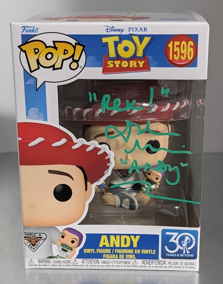 John Morris Signed Autographed Quoted Funko Pop #1596 Andy Toy Story Rex