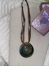 Murano Art Glass Sea Shell Pendant Necklace Blue Green Gold Swirls Gift Box
