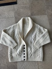 Irish Aran Hand Knit 100 Wool Cable Knit Cardigan Sweater Ivory Fisherman Med
