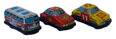 3x Blech Litho Miniatur Japan F.D. Chief Shell Oil Car & Airport Friction Bus