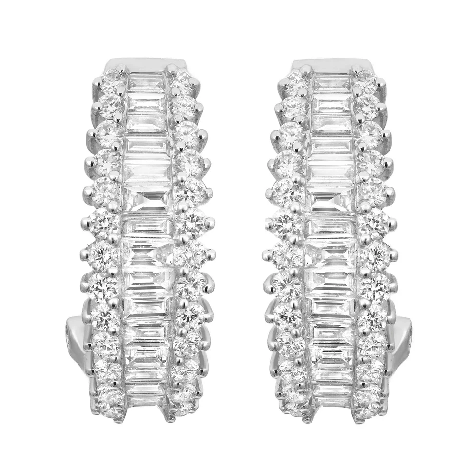 Round & Baguette Cut Natural Diamond Huggie Earrings 18K White Gold 1.60Cttw