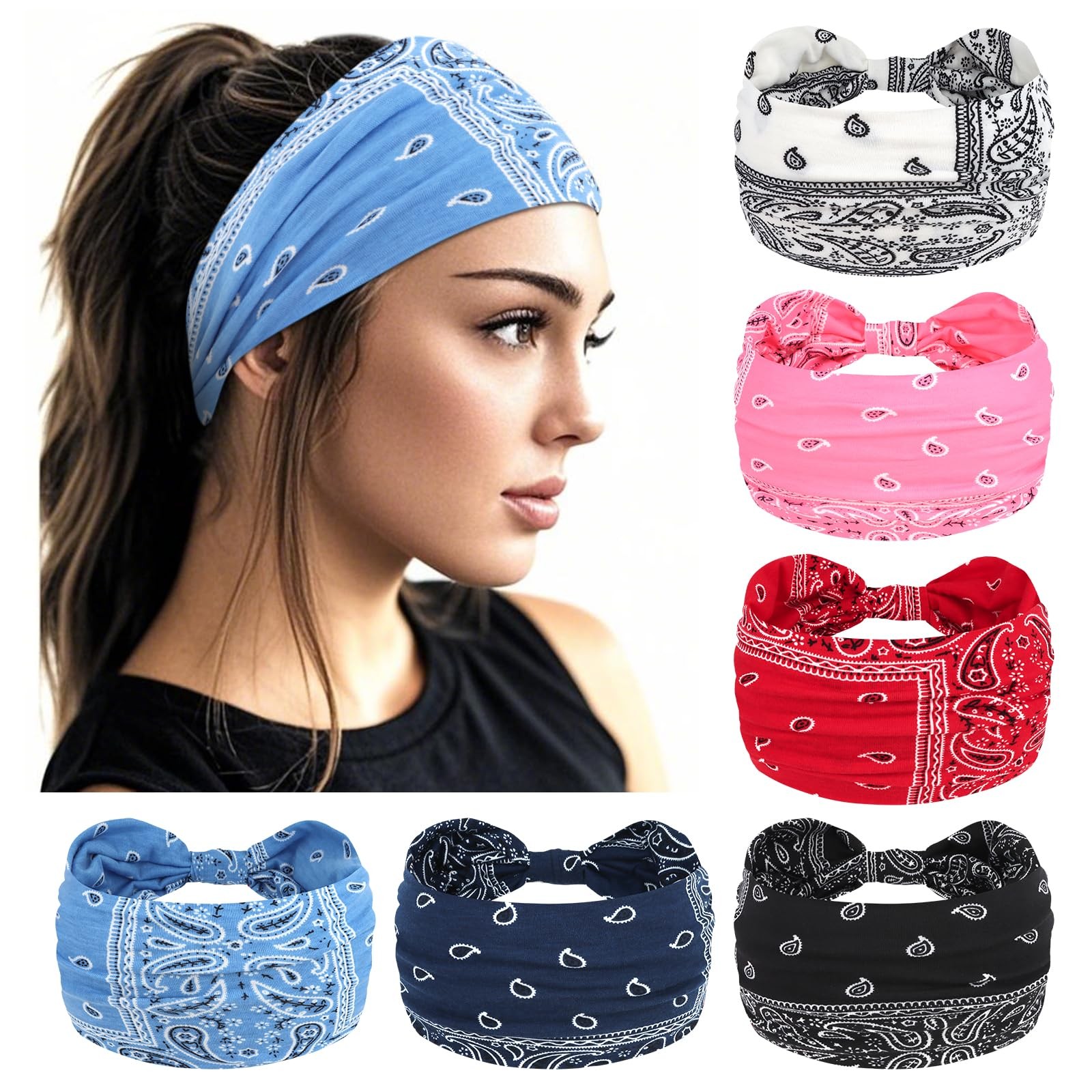 Boho Wide Bandana Headbands - Stretch Knotted Elastic Head Wraps for Women, Y...