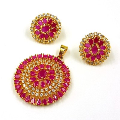 Ruby Pendant Set, 22k Gold Plated, Cubic Zirconia Diamond Jewelry, Festive Wear