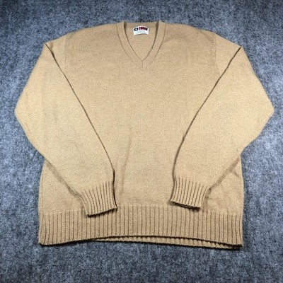 Tuxan Sweater Mens XLL Tan V-Neck Shetland Wool Blend Knit Pullover Ribbed Vtg