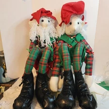 Set of 2 Large Christmas Elf Dolls Plaid 3 Ft Tall Holiday Decor Jingle Bell 