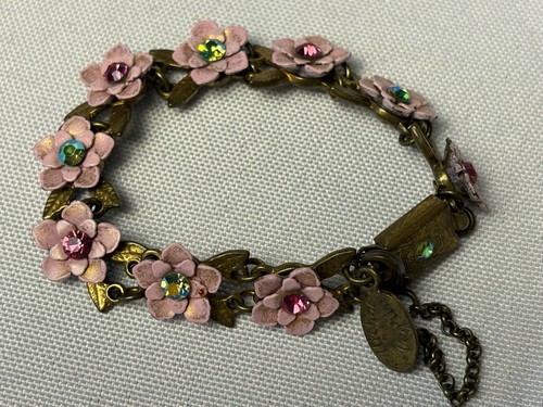 Vintage Michal Negrin Blumenform Gliederarmband Messing mit Kristallen 7"