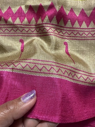 Radha Krishna madhubani butti NWT beige RANI Pallu ART silk Sari W/BLOUSE fabric - Picture 9 of 14