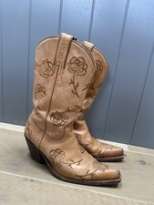Sancho embroidered tan leather cowboy boots size uk 5, Good Condition, Fixed Toe