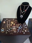 42 PC. LOT VINTAGE ESTATE COSTUME JEWELRY, COLORFUL RHINESTONES,ENAMELS,&MORE